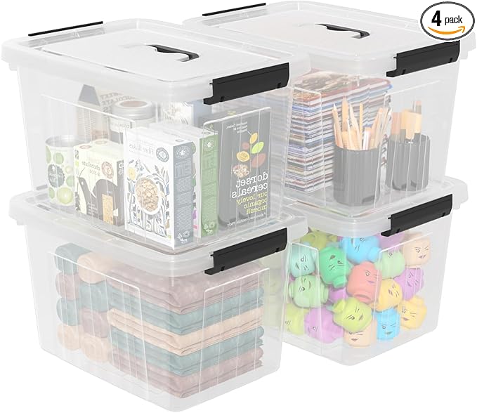 EudokkyNA 4-Pack Latching Box with Handle, 20L Clear Plastic Storage Bins with Lid