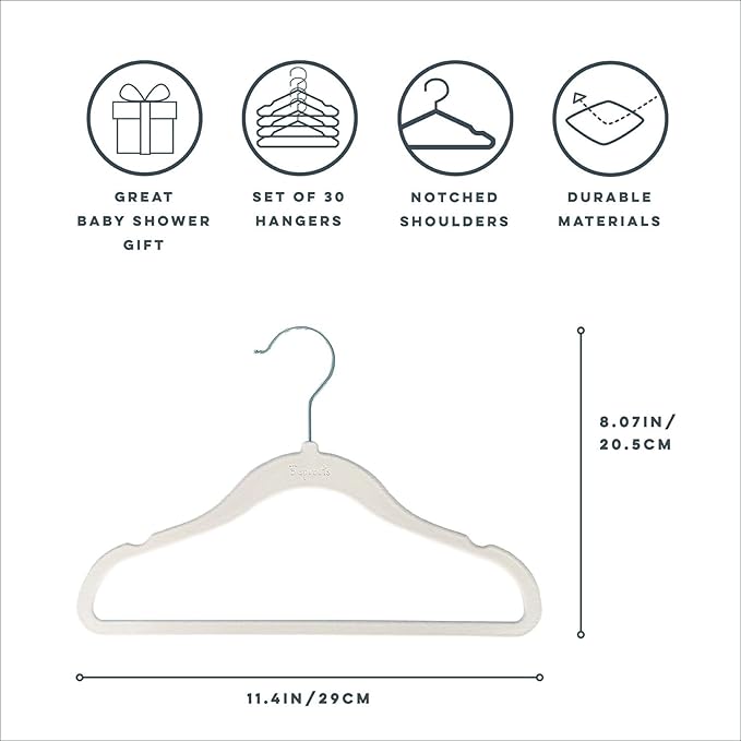 3 Sprouts Velvet Baby Hangers - Non-Slip Hanger for Infant, Toddler, Baby Clothes - Closet Kids Hangers with Slim Design, Nordic Colors, Pack of 30 - Cream