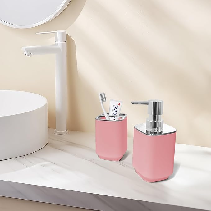 2Pack Light Pink Bathroom Accessories Set, Bohemian Bathroom Sink Set, Contain Soap Dispenser, Toothbrush Holder, Bathroom Toothbrush Holder Set
