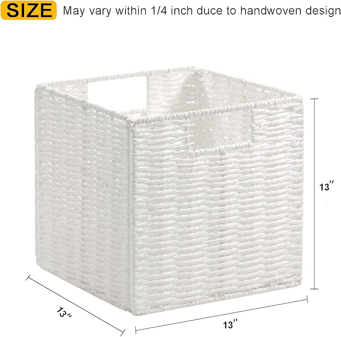 Vagusicc Wicker Storage Basket, Set of 2 Hand-Woven Wicker Baskets for Organizing, Foldable Cube Storage Basket Bins, 13 Inch Large Wicker Storage Baskets for Shelves & Decor, White (13''x13''x13'')