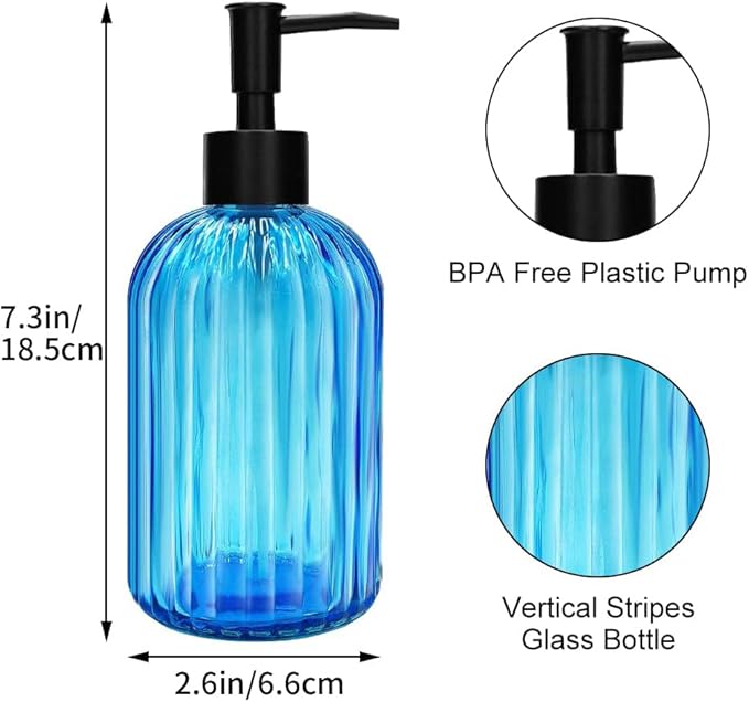 Pack of 2 Glass Soap Dispenser with Black Pump, 400 ml Refillable Pump Dispenser for Kitchen, Bathroom, Order, Laundry Room, Liquid Glass Bottle for Washing Up Liquid, Shampoo, Conditioner (Blue)