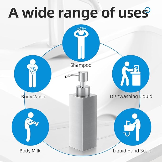 Soap Dispenser with Rust Proof Stainless Steel Pump Refillable for Bathroom and Kitchen Soap Dispenser for Essential Oils, Liquid, Lotions (8.5OZ / 250ML)