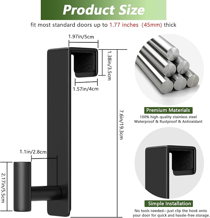 VINHOLD Heavy Duty Stainless Steel Over-Door Hook for Coats, Totes, Towels – Easy Install Door Hooks with Non-Slip Pads for Bedroom Bathroom Entryway Office (Black, 2 Pack, Fits 1-3/4" Thick Door)
