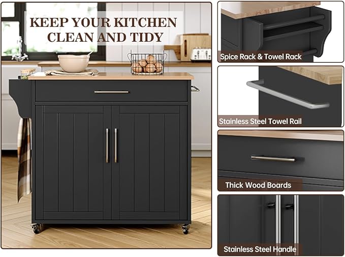 Kitchen Storage Island, Wooden Rolling Kitchen Island On Wheels with Countertop, Mobile Kitchen Island Cart with Towel Rack, Spice Rack and Drawers, Black