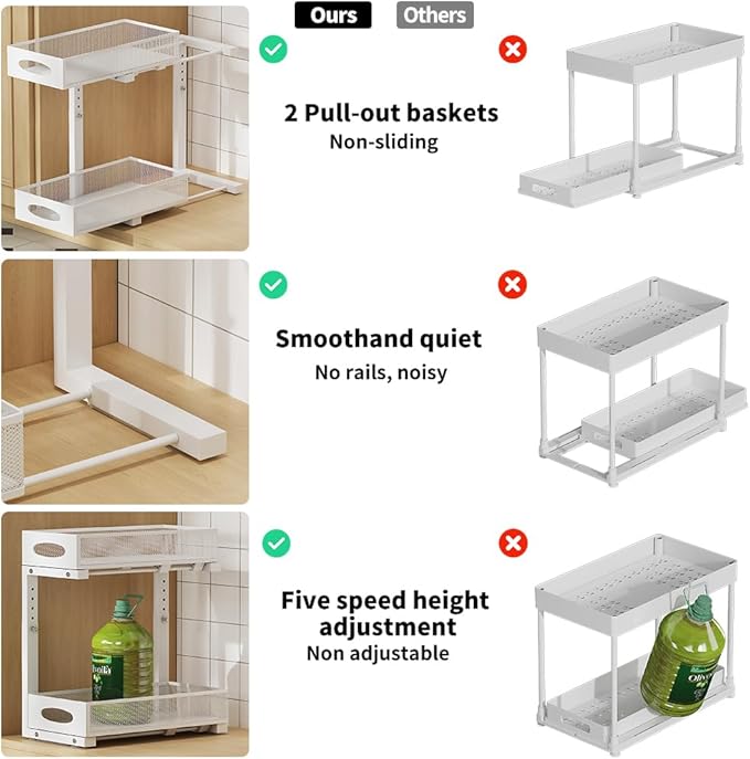 Under Sink Organizer 2 Tier, Pull Out Cabinet Storage with 5-Level Adjustable Height, Thickened Carbon Steel Sliding Under Cabinet Shelf for Kitchen, Bathroom, Laundry Room, White