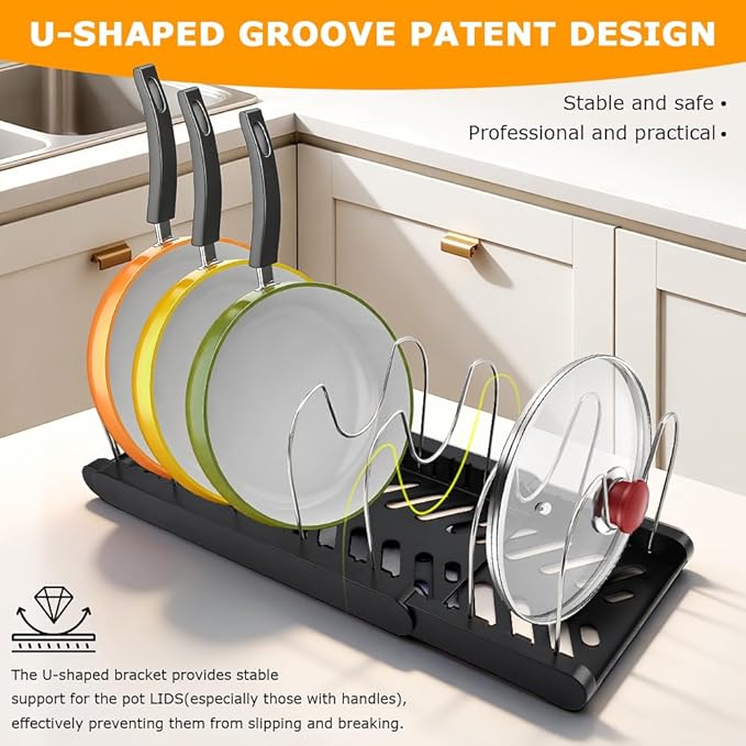Pots and Pans Organizer for under Cabinet, Expandable Pot Lid Holder with 10 Adjustable Compartment, Pan Organizers inside Cabinet for Lids, Bakeware, Cutting Boards(COLOR:Black)