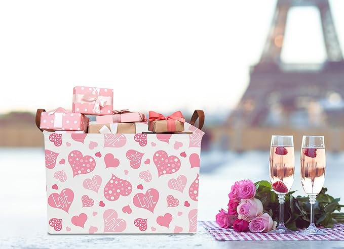 Rectangular Pink Gift Basket Empty,Fabric Storage Basket with Handles,Books Box,Lovely Storage Bin,Room Decor,Gift Basket (Polka Dot Heart)
