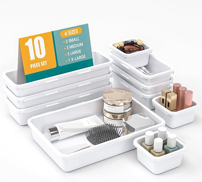 10 PCS Drawer Organizer Set, 4 Size Makeup Drawer Divider Organizer With Non-Slip Pads, Interlocking Plastic Storage Bins for Office,Jewelry Vanity,Gadgets, Bathroom,Kitchen, White