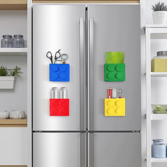 Magnetic Basket Organizer for Fridge - Lego-Style ABS Plastic Storage Box,No Drill Design for Kitchen Counter, Microwave & Whiteboard, Holds Up to 3.5 lbs (Blue)