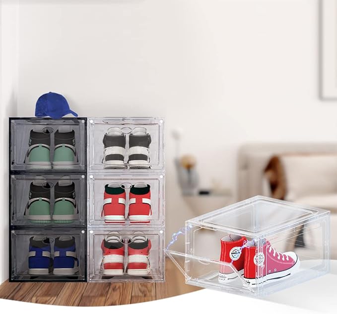 US 15 XXL 8 Pack Shoe Storage Box, Shoe Boxes Clear Plastic Stackable, Shoe Container for Organizing Sneaker and Basketball Shoes (XL BLACK 8 PACK)