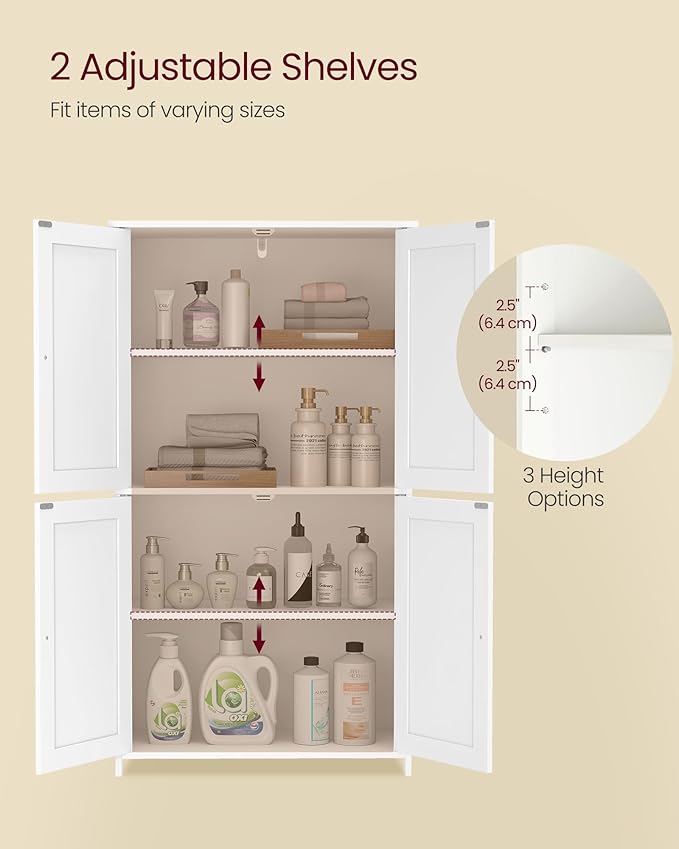 VASAGLE Floor Storage Cabinet, Shaker Cabinet with 2 Adjustable Shelves, 4 Doors, Tall Freestanding Organizer Unit, for Kitchen Bathroom Living Room, Cloud White UBBC553WH01S