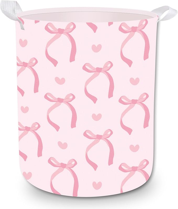 Laundry Basket Coquette Pink Bow Laundry Hamper Foldable Fabric Storage Bin with Handles Clothes Storage Bucket for Bathroom Girl Bedroom Dorm Toy Organizer