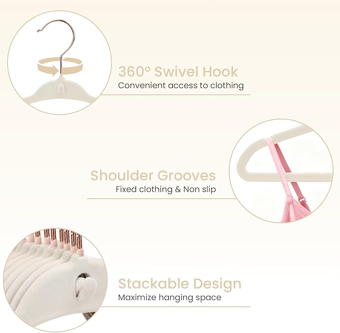 Baby Velvet Hangers 30 Pack, 11 Inch Stackable Kids Hanger for Closet, Ultra Slim Non-Slip Toddler Hangers with Rose Gold Swivel Hook & 10 Clips, Felt Hanger for Children's Clothes, Beige