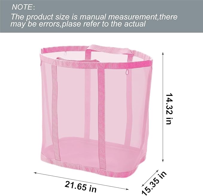 Mesh Bag with Handles, Collapsible Laundry Basket, Foldable Laundry Bag, Breathable Folding Beach Bag,Space-saving Travel Tote Bags (1, Pink)