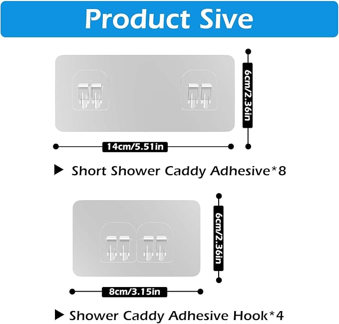 Lsnisni 12 Pack Shower Caddy Adhesive Replacement, Shower Adhesive Strips, Waterproof Adhesive Hooks, Strong Sticker, No Drilling, for Bathroom Shelf and Kitchen Racks