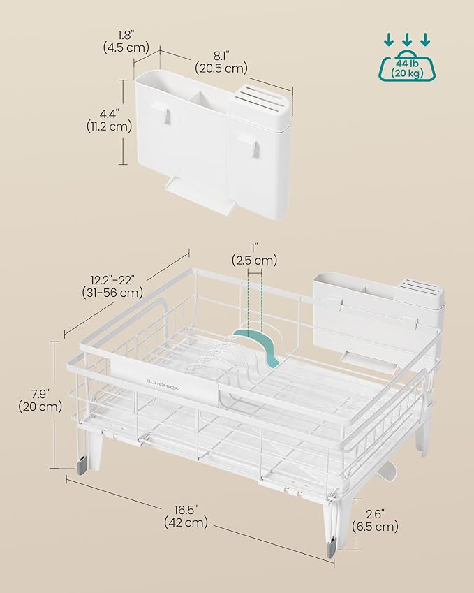 SONGMICS Dish Drying Rack, Kitchen Dish Rack with Drainboard, 360° Rotatable and Extendable Spout, with Cutlery Holder, (12.2-22) x 16.5 x 7.9 Inches, Matte White UKCS552W01