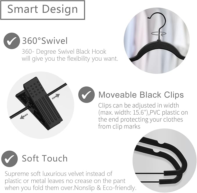 MIZGI Premium All Black Velvet Pants Hangers with Adjustable Clips (Pack of 30) Slim Skirt Hangers- Non Slip Felt Outfit Dress Hangers- Black Hooks,Space Saving Shirt Clothes Hangers