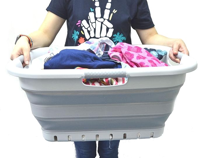 SAMMART 41L (10.8 gallon) Collapsible Plastic Laundry Basket - Foldable Pop Up Storage Container/Organizer - Portable Washing Tub - Space Saving Hamper/Basket (3 handled rectangular, Grey/Grey)