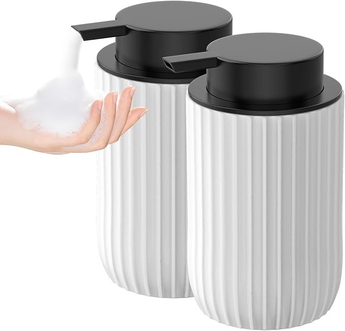 Ceramic Foaming Hand Soap Dispenser 2Pack，12 oz Bathroom Soap Dispensers， Lotion Dispenser for Kitchen, Refillable Matte Streaks Soap Dispenser with Large Pump (White-2Pack)