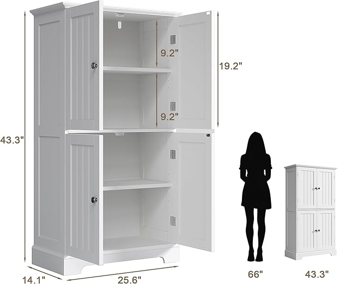 ChooChoo Bathroom Floor Cabinet, Modern Bathroom Storage Cabinet with 4 Doors and Adjustable Shelves, Freestanding Cupboard for Living Room, Kitchen Pantry, White
