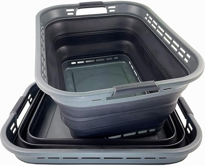 SAMMART 42L (11 Gallons) Collapsible Plastic Laundry Basket - Foldable Pop Up Storage Container/Organizer - Portable Washing Tub - Space Saving Hamper/Basket [BPA Free] (Grey/Nive Iron (Set of 2))