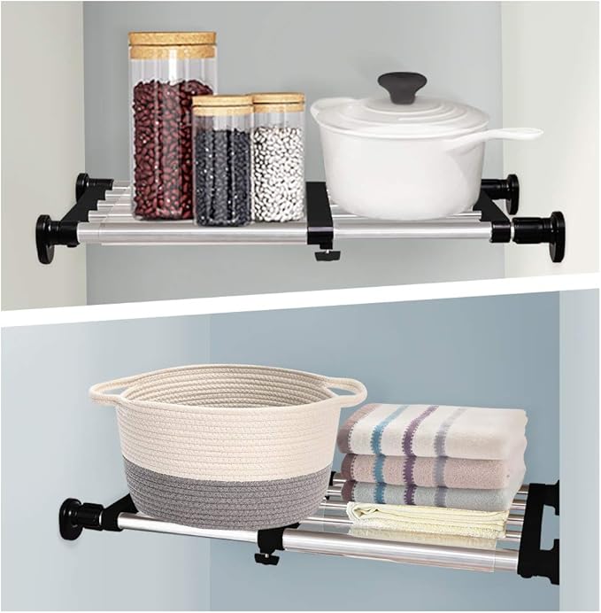 BAOYOUNI Expandable Closet Shelf Tension Rod Clothes Hanger Storage Rack Adjustable DIY Shelving Unit Cabinet Kitchen Bathroom Divider Separator Organizer, Black