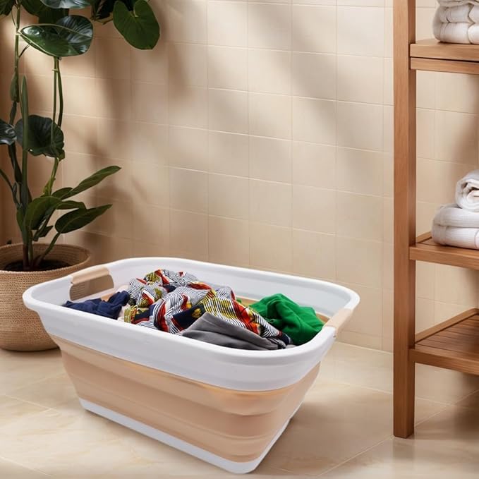 SAMMART 41L (10.8 gallon) Collapsible Plastic Laundry Basket - Foldable Pop Up Storage Container/Organizer - Portable Washing Tub - Water capacity: 32L (8.4 gallon) (Rectangular, White/Beige)