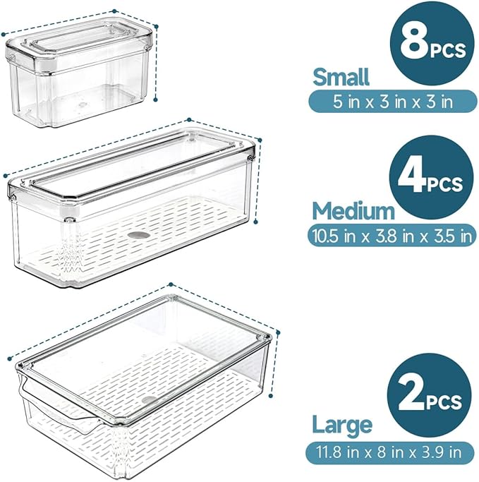 14 Pack Fridge Organizers and Storage - Refrigerator Organizer Bins with Lids, BPA-Free Fridge Organization, Fruit Storage Containers for Fridge, Vegetable, Food, Drinks, Cereals, Clear