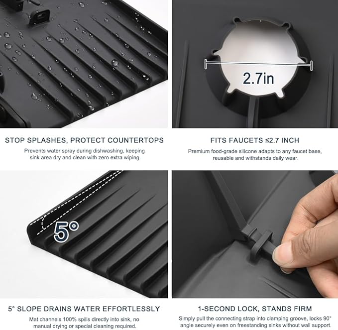 Silicone Faucet Drip Catcher Tray Mat - Upgraded Design - Sink Backsplash Guard Behind Faucet, Silicone Faucet Mat for Dish Soap Sponge Holder, Kitchen Counter Bathroom Kitchen Sink Splash Guard-Black