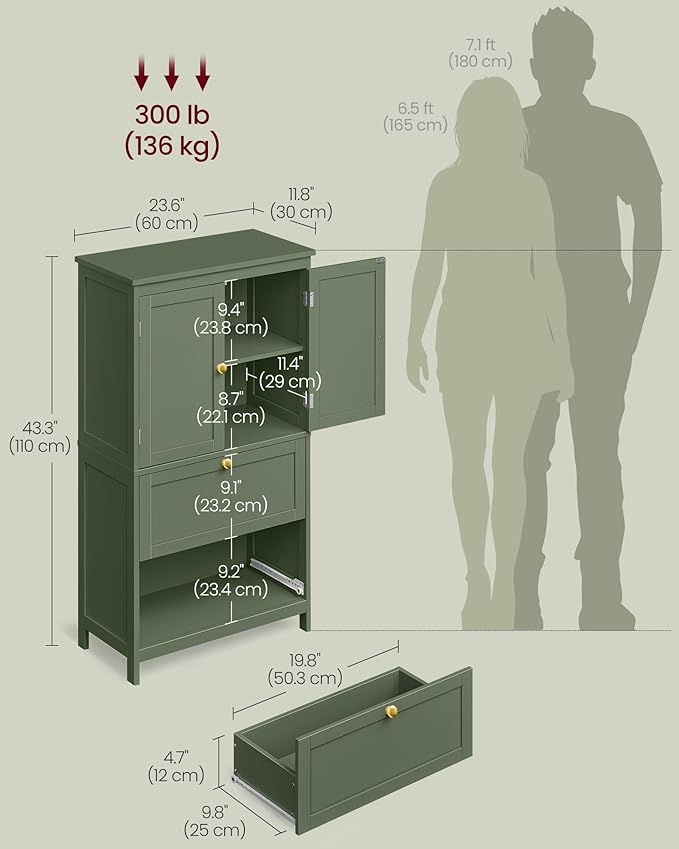 VASAGLE Bathroom Floor Storage Cabinet, Bathroom Storage Unit, Freestanding Cabinet with 2 Drawers and 2 Doors, Adjustable Shelf, 11.8 x 23.6 x 43.3 Inches, Forest Green UBBC551C01