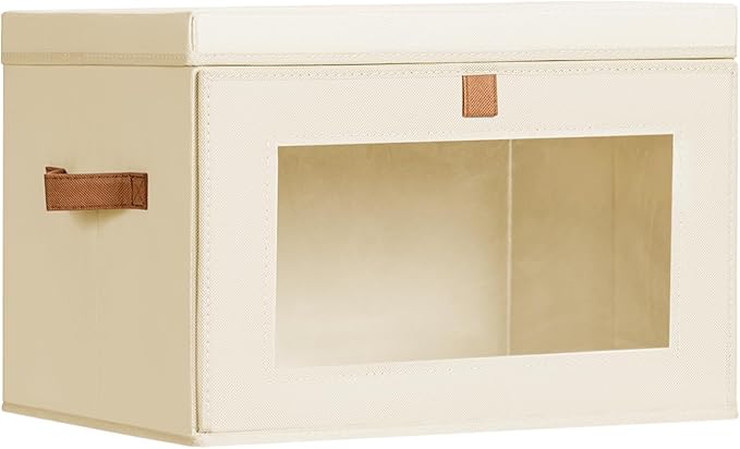 Large Closet Storage Bins - Collapsible Storage Bins with Handles & Window, Decorative Boxes with Lids, Fabric Cubes for Living Room, Dorm, 1 Pack, Beige