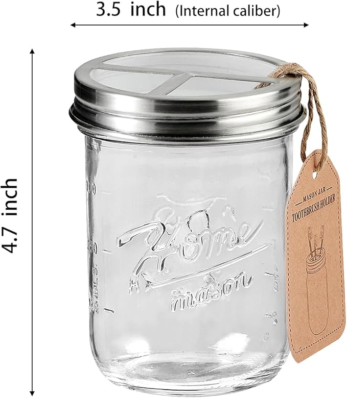 SheeChung Mason Jar Toothbrush Holders, Glass Toothbrush Holders for Bathroom, Bathroom Essentials, Mason Jar Bathroom Accessories Set, Bathroom Countertop Organizer-Brushed Steel