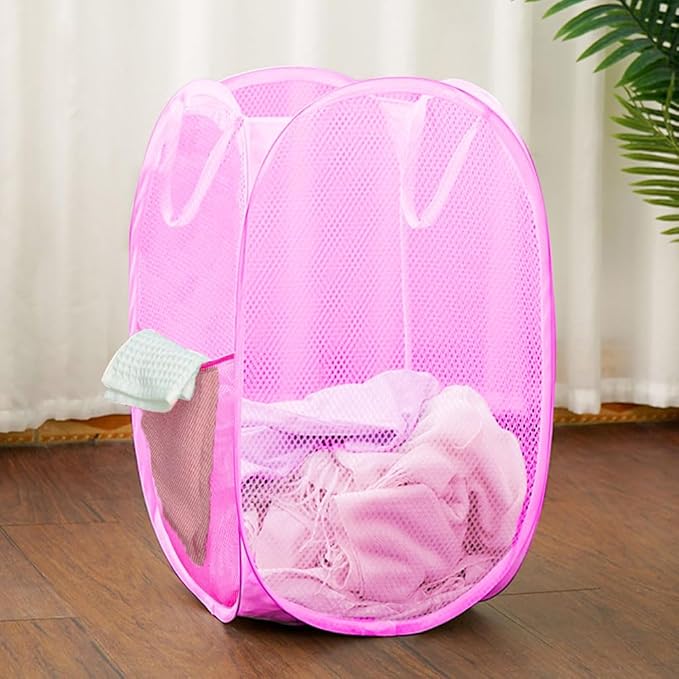 Pop Up Laundry Hamper, Portable Mesh Laundry Basket, Collapsible Clothes Storage Bin for Bedroom, Dormitory, Travel, Home, Rose Red