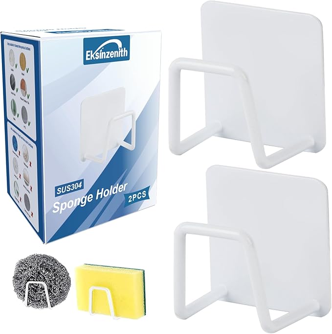 Sponge Holder for Kitchen Sink Caddy, Strong Adhesive Sponge Holder for Sink Counter, Dish Sponge and Brush Holder, Premium SUS304 Stainless Steel Rust Proof Waterproof-White(2 Pack)