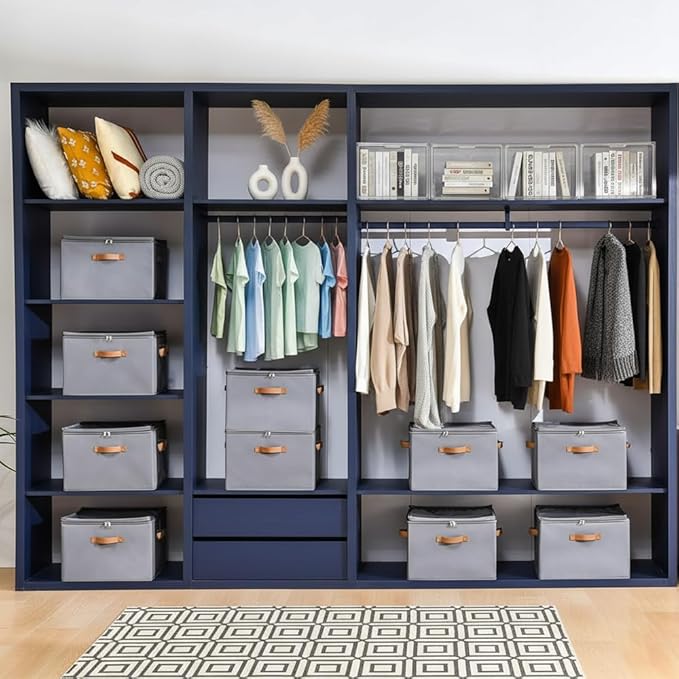 Foldable Shoe Organizer Box for Closet & Under-Bed, Adjustable Dividers, Holds up to 16 Pairs, Stackable, Gray with Clear Cover & Leather Handles, 17x17x12 inch