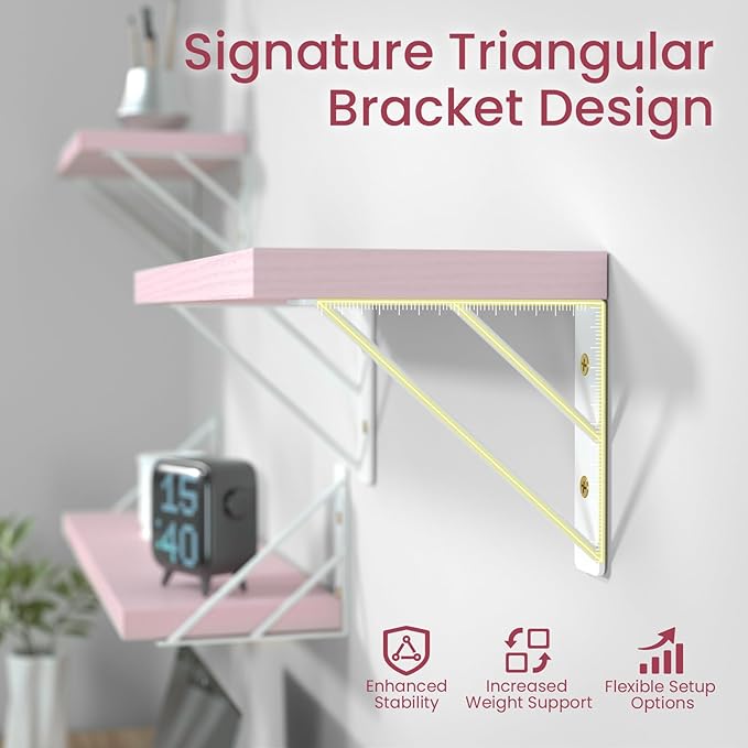 BAYKA Wall Shelves for Bedroom Decor, Floating Wall Shelf for Living Room Kitchen Storage, Mounted Rustic Wood Shelves for Kids Books, Corner Shelf for Bathroom(Pink，16in，Set of 4)