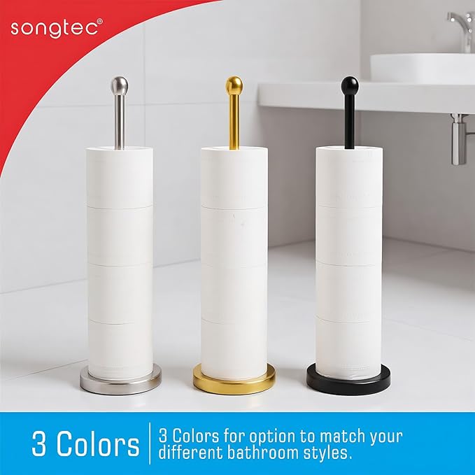 Songtec Toilet Paper Holder Stand, Black Floor Standing Tisse Roll Holder with Reserve for 4 Rolls, Compact Design Bathroom Toilet Paper Storage - Black