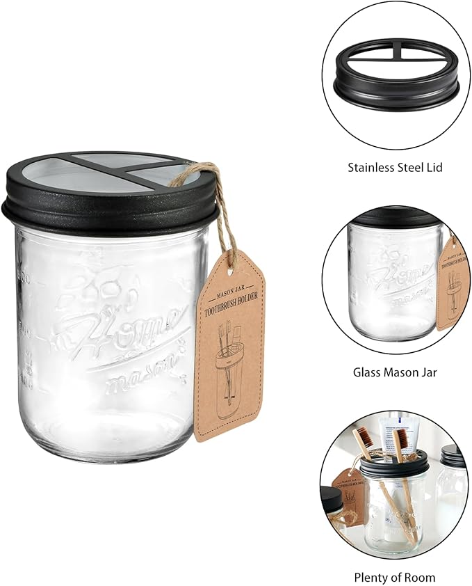 SheeChung Mason Jar Bathroom Accessories Set, 2Pcs Glass Bathroom Accessory Set, Soap Dispenser, Toothbrush Holder, Bathroom Decor, Rustic Farmhouse Decor - Black