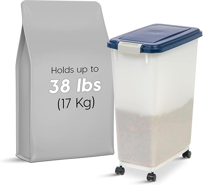 IRIS USA Airtight Dog Food Storage Container, Up to 38 lbs, Attachable Wheels, For Dog Cat Bird and Other Pet Food Storage Bin, Keep Fresh, Easy Mobility, BPA Free, Navy/Pearl, 6 Pack