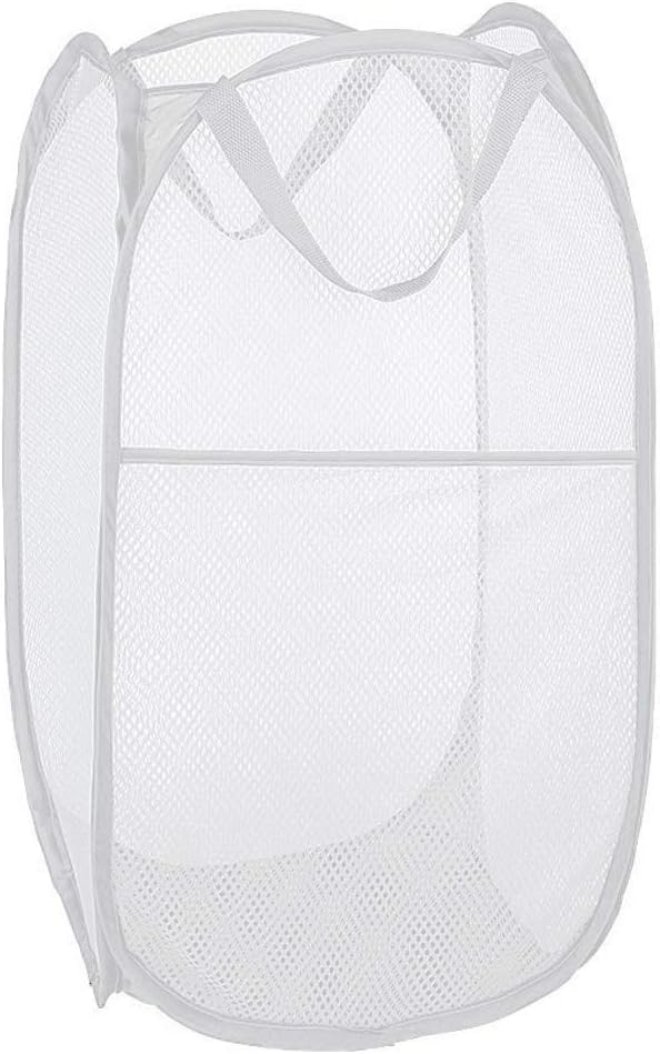 Pop up Laundry Hamper, Portable Foldable Mesh Clothes Hamper for Kids Room, College Dorm or Travel, Collapsible Laundry Basket for Storage, White