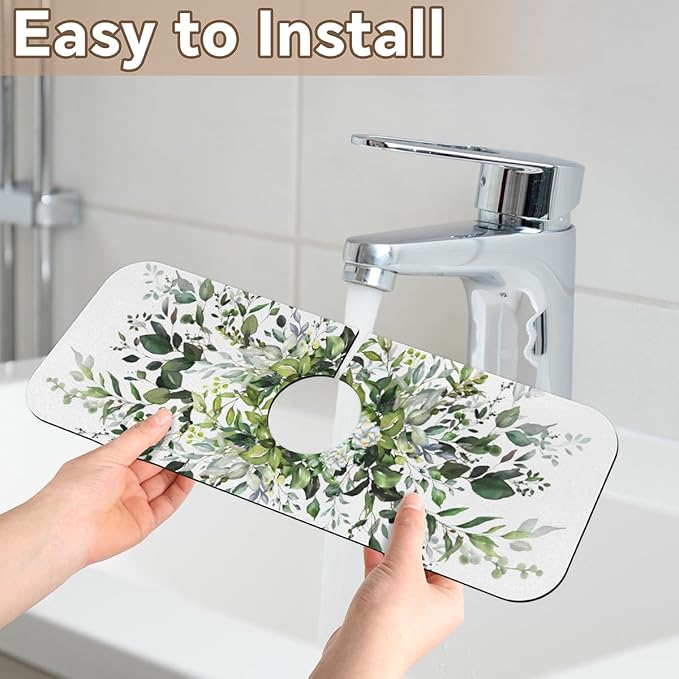 Sink Faucet Absorbing Mat, Spring ﻿Fresh Green Leaf Kitchen Faucet Mat, Sink Splash Guard, for Bathroom Kitchen Sink Splash Guard Drying Mat 15.4"x5.7"