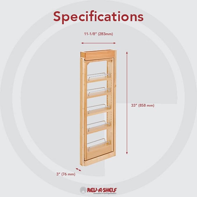 Rev-A-Shelf 3"W x 33"H Pull Out Quad Shelf Organizer for Wall & Base Kitchen Cabinets, Full Extension Filler Spice Rack, Adjustable, Wood, 432-WF33-3C