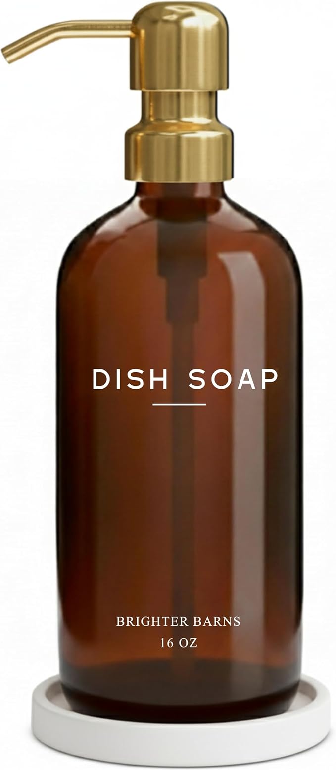 Luxury Glass Dish Soap Dispenser for Kitchen Sink by Brighter Barns - Kitchen Soap Dispenser Set with Pump & Tray - Refillable Glass Bottle for Liquid - Luxury Home Decor for Airbnb, Gift (Amber/Gold)