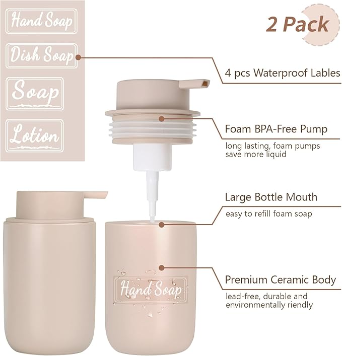 BosilunLife Foaming Soap Dispenser Set - Khaki Ceramic Foam Hand Dispenser 12oz Soap Dispenser Set with Rust Proof Pump, 4Pcs Clear Stickers for Kitchen, Bathroom - 2 Pack