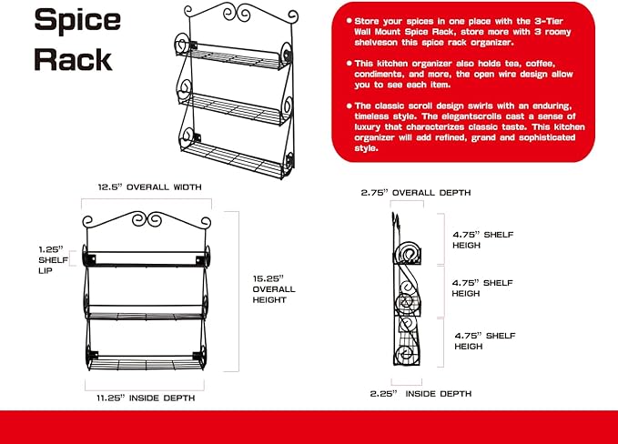 FitWell Scroll Wall Mount Spice Rack, 3-Tier, Traditional Spice Rack Cabinet & Kitchen, Beauty & Nail Polish Organizer for Bathroom, Scroll Wall-Mounted (Black)