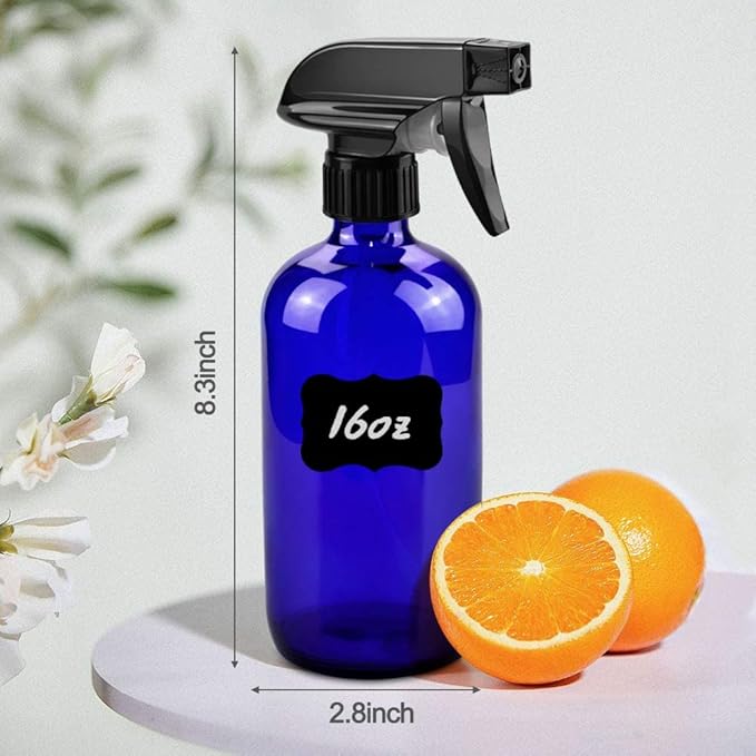 Glass Spray Bottles, 16oz Blue Glass Spray Bottles with Labels & Adjustable Nozzle, Reusable Containers for Cleaning, BBQ, Food, Plants, Alcohol, Essential Oils(1 Pack)