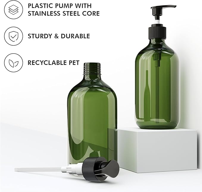 Green Soap Dispenser, Dish & Hand Soap Dispenser Set for Bathroom & Kitchen, Refillable Pump Bottle Dispenser, Plastic Empty Soap and Lotion Dispenser for Liquid, 2 Pcs