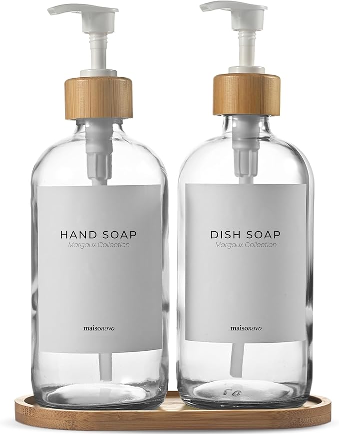 MaisoNovo Glass Dish Soap Dispenser for Kitchen Set of 2-16.9oz Clear Dish and Hand Soap Dispenser Set for Kitchen - Clear Glass Bottles x 2 with White Bamboo Pumps & Tray