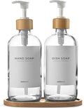 MaisoNovo Glass Dish Soap Dispenser for Kitchen Set of 2-16.9oz Clear Dish and Hand Soap Dispenser Set for Kitchen - Clear Glass Bottles x 2 with White Bamboo Pumps & Tray