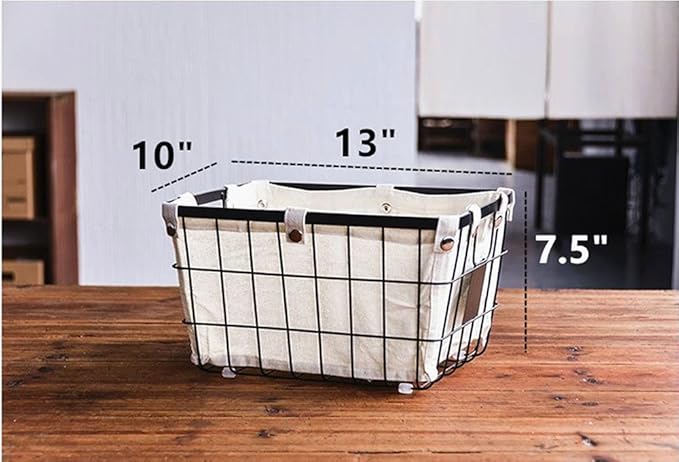 Handmade -Open Storage Bread Food Basket,Kitchen Cabinet and Pantry Storage Organizer Bin & Containers- Two Cut-Out Handles Wire Metal with Canvas Lining 13x10x7.5 Inches Black